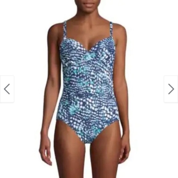 Calvin Klein Liquid Print One Piece Swimsuit NWOT blue summer beach ruched‎ sz 6 - Picture 1 of 11